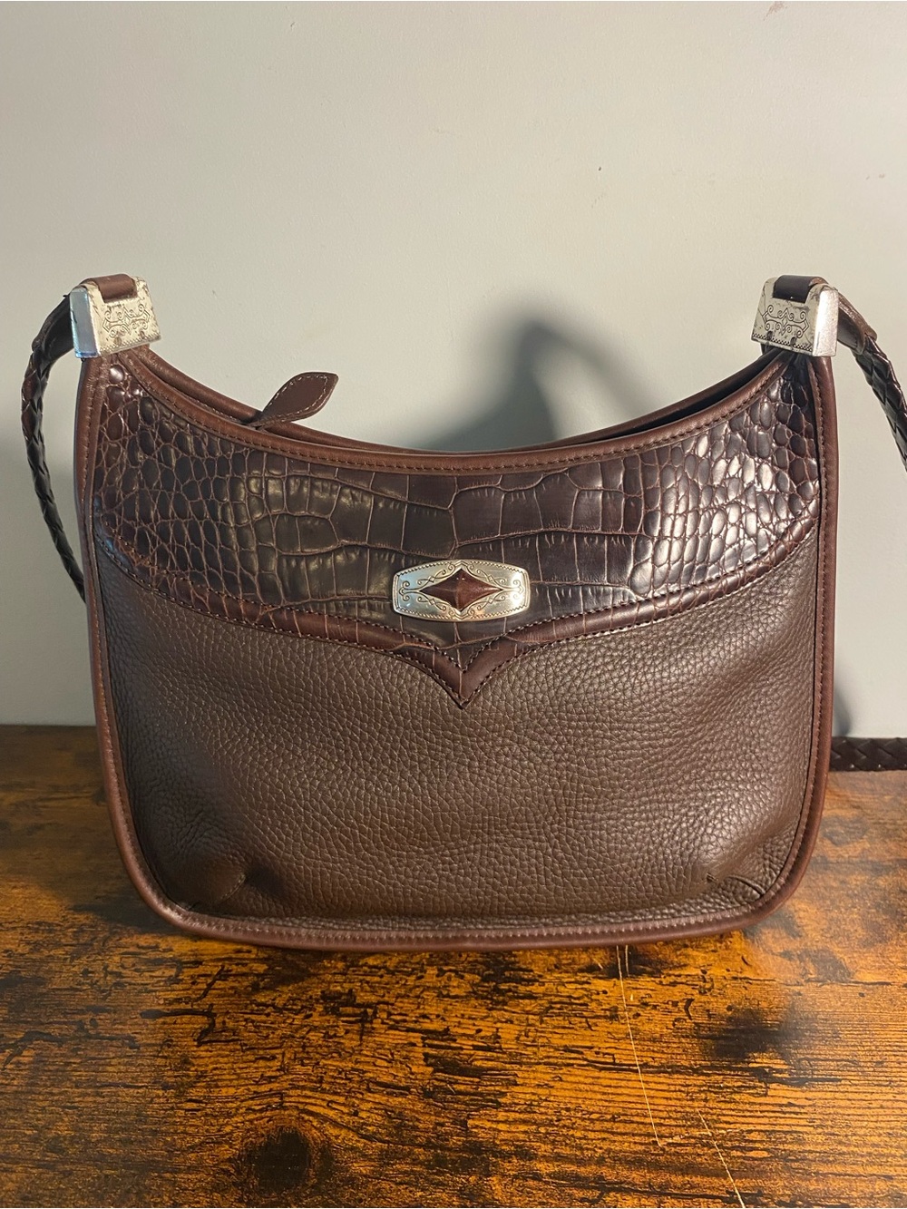 Brighton Brown Leather Croc-Trim Shoulder Bag